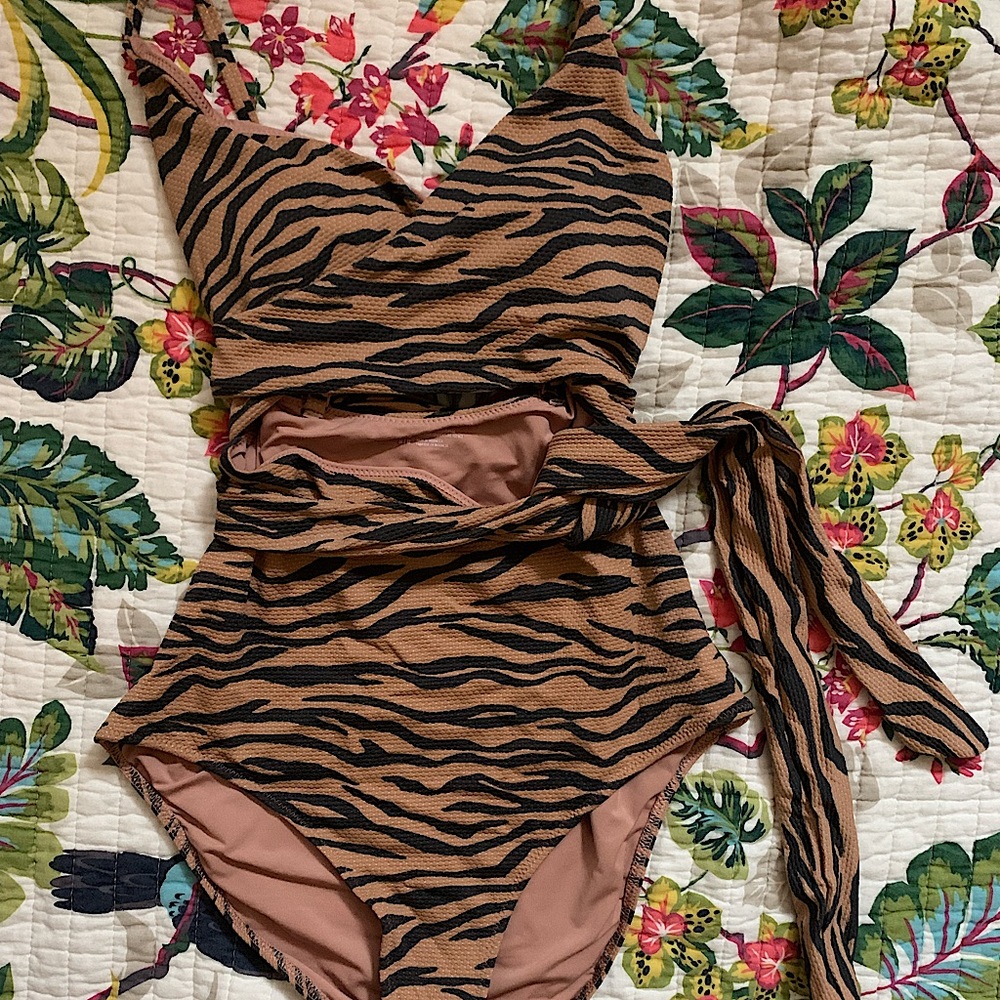 Aerie textured tiger stripe print wrap one piece swimsuit